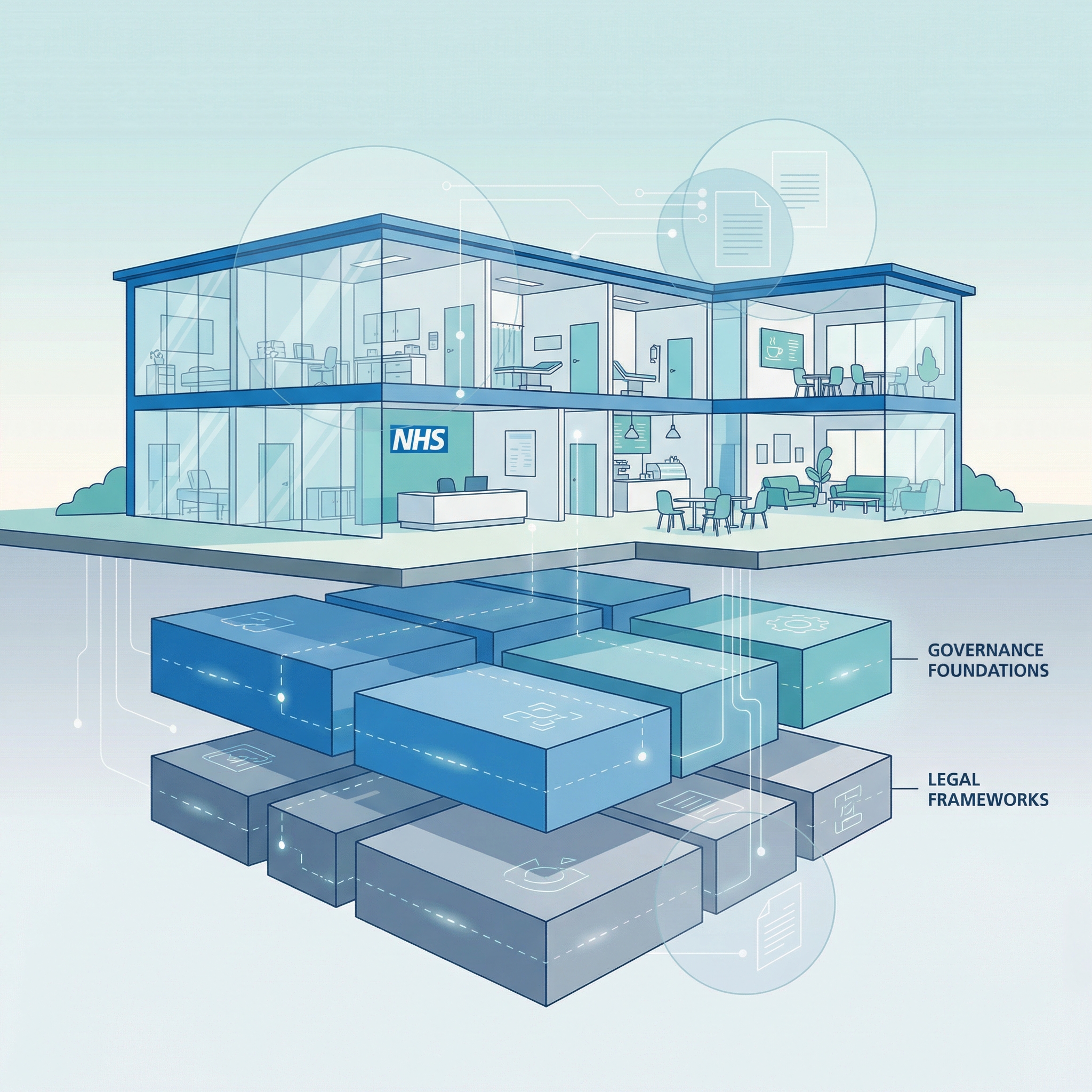 NHS Neighbourhood Health Centre building with governance foundations and legal framework layers beneath — illustrating that legal architecture must be in place before organisations co-locate
