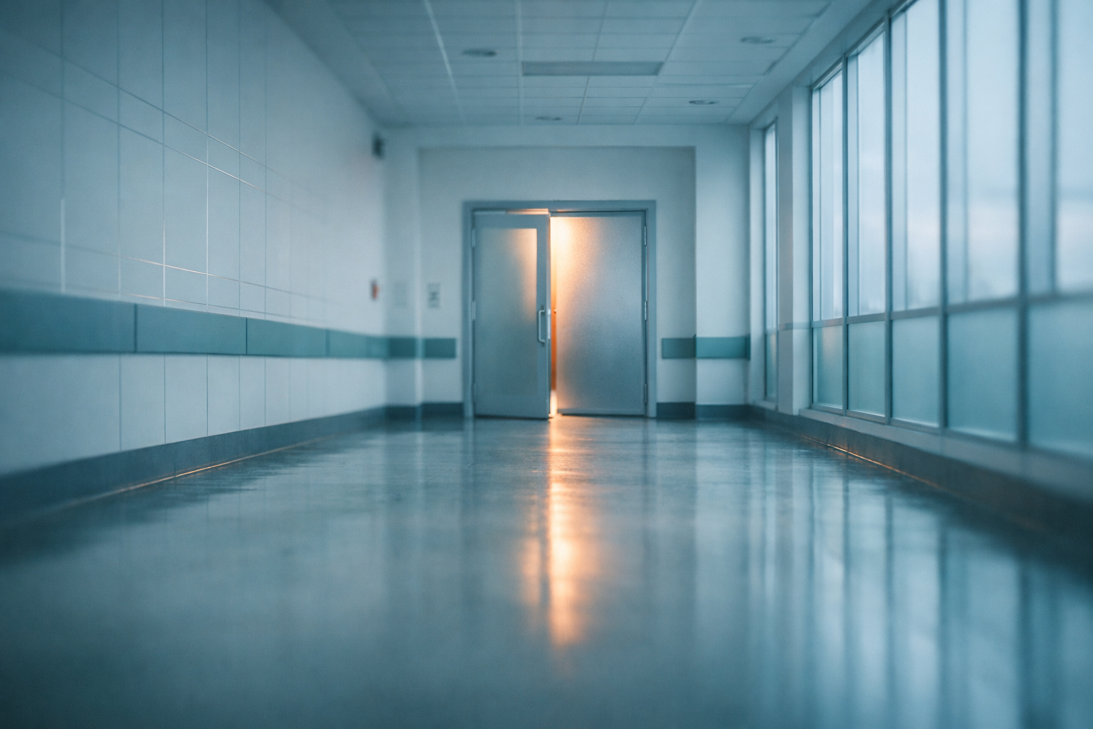 Hospital corridor with light through an open door &mdash; the gap between referral sent and referral accepted where patients become invisible