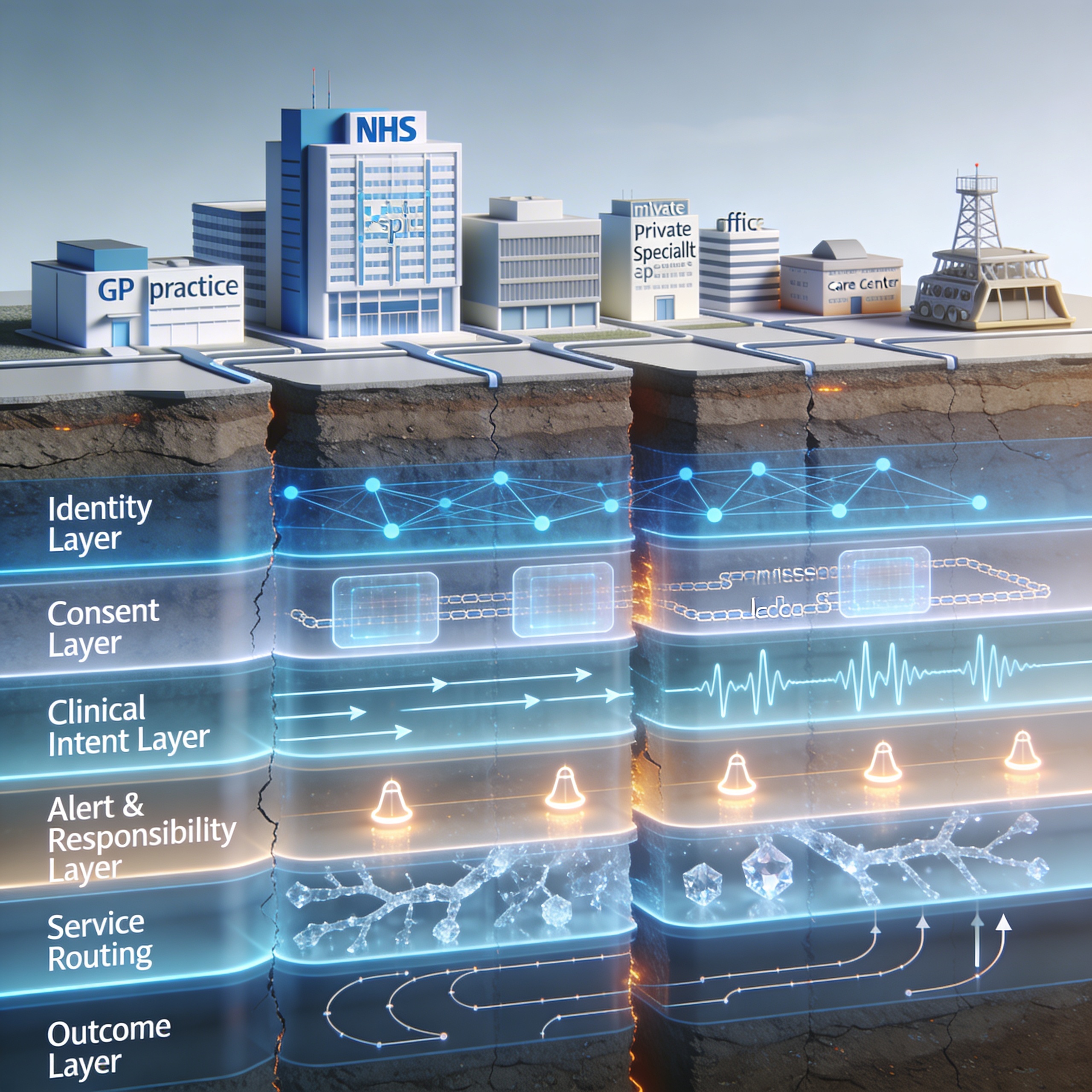 Illustration of Minimum Viable Responsibility Transfer (MVRT) failures at healthcare boundaries where patients lack a named responsible clinician