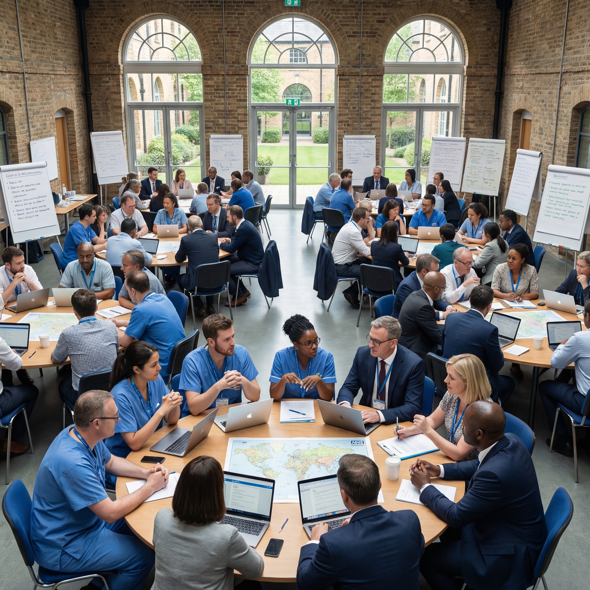 Professionals gathered around tables in a simulation exercise for neighbourhood health — clinicians, administrators and community workers collaborating on integrated care