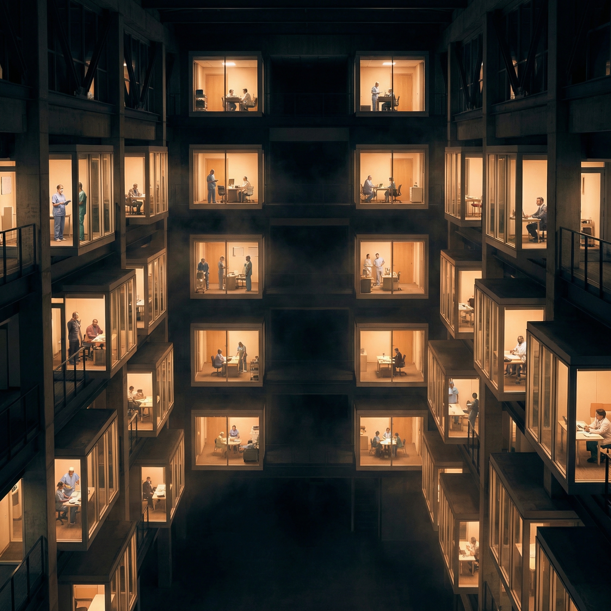 Illuminated rooms in a vast dark space — each visible internally, none connected to each other