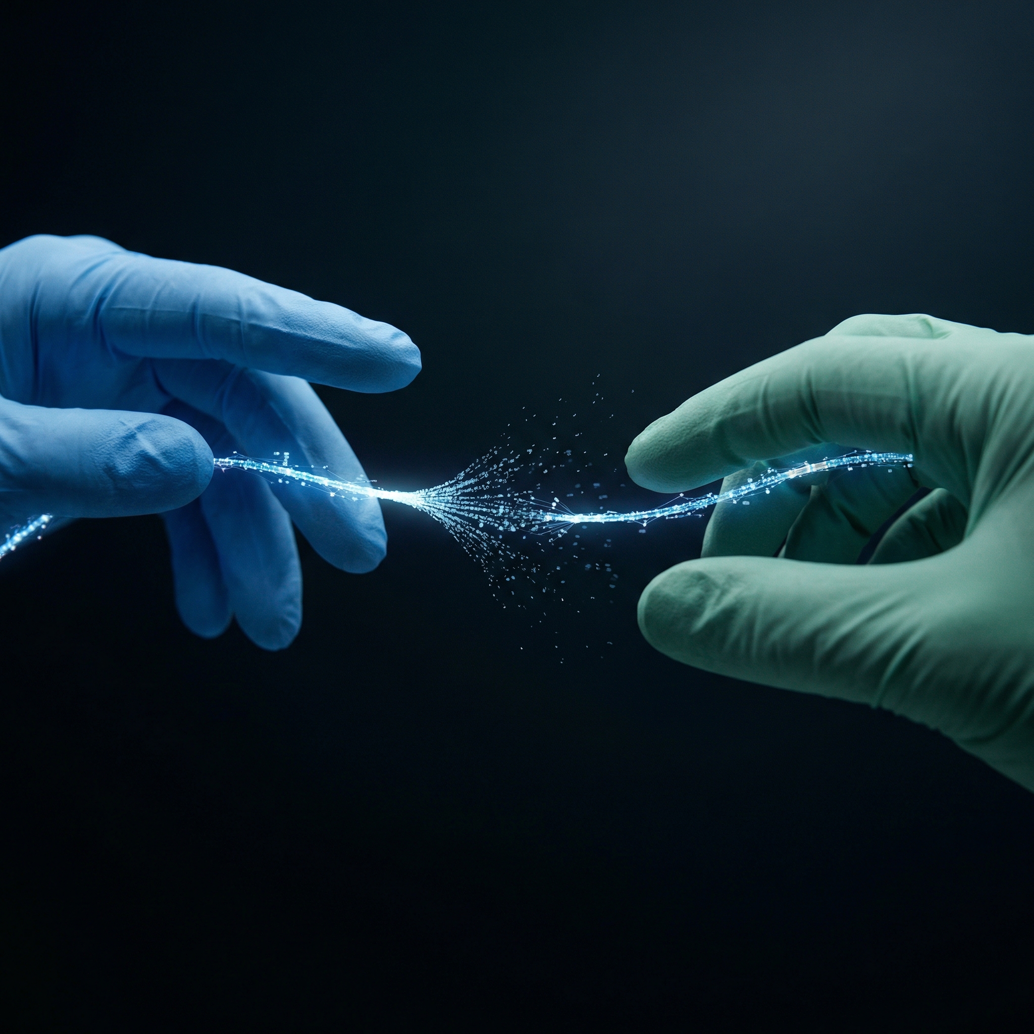 Two clinical hands reaching across a digital data bridge — illustrating the cross-boundary handover gap in NHS care transitions